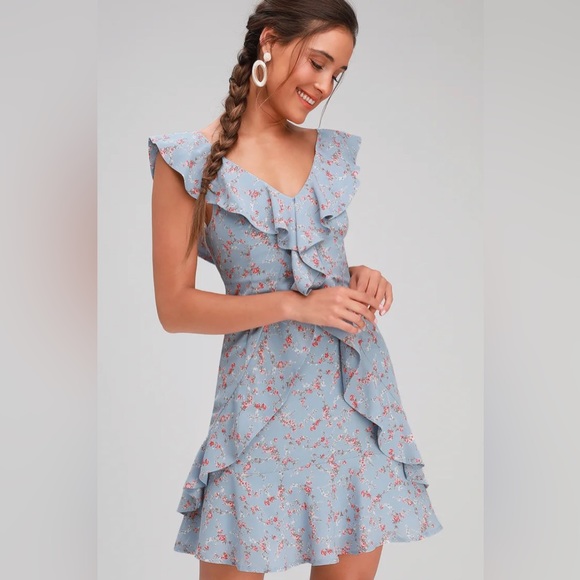 Lulu’s Radiant Rosa Light Blue Floral Print Ruffled Mini Dress - Picture 1 of 7